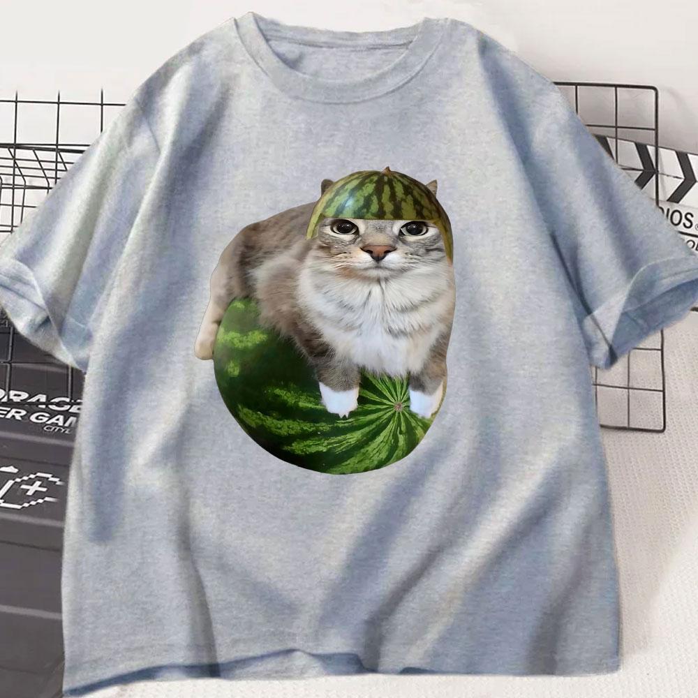 Watermelon Cat Silly Cat Funny Meme T Shirts Men's Women Clothing Casual Cotton T-shirt Fashion Short Sleeve Oversized T-shirts
