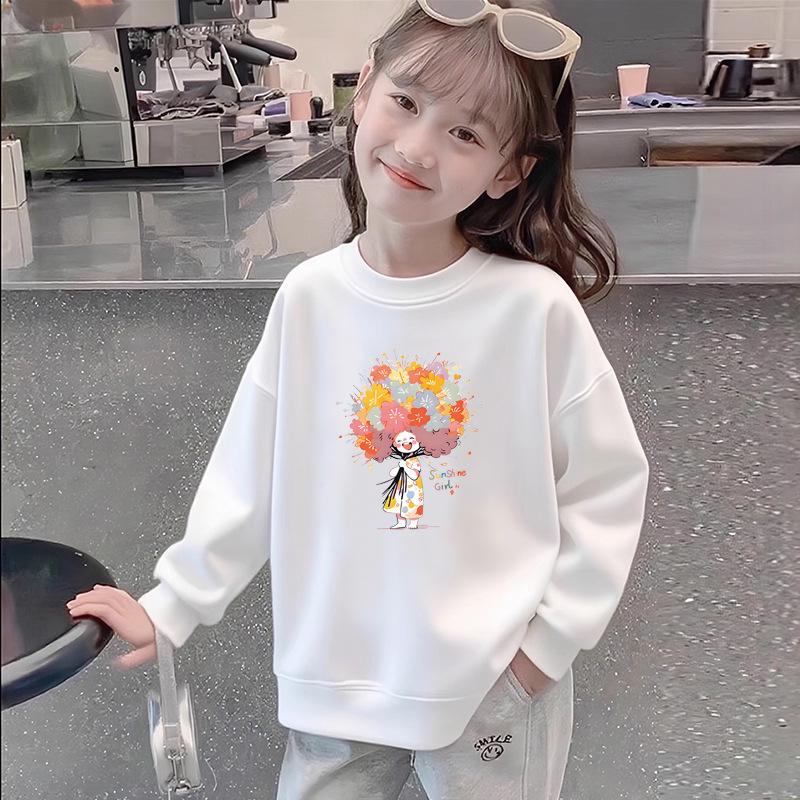 Mädchen Weißes Reines Baumwoll Langarm-Sweatshirt - Leicht Locker Geschnitten, Modischer Druck, Perfekt für Frühling/Herbst für Ältere Kinder