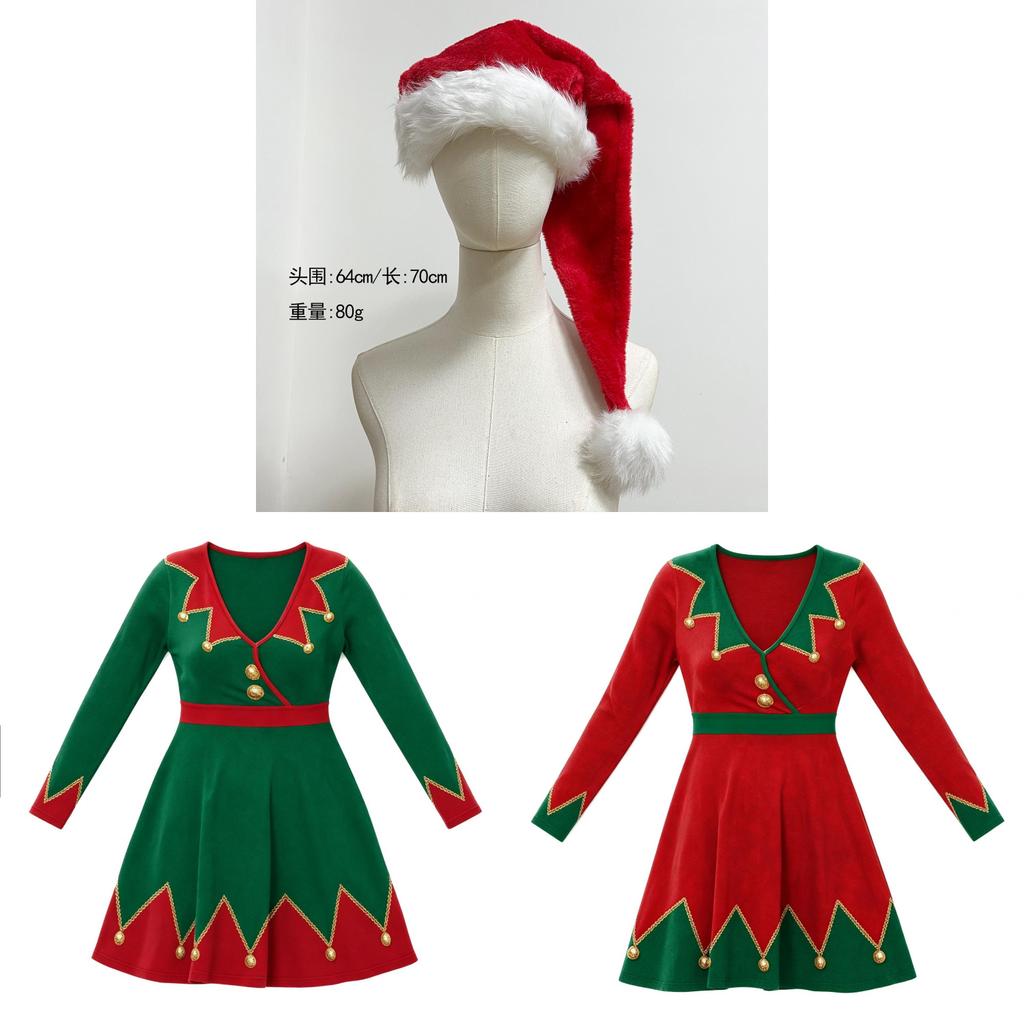 Christmas Elf Girl Costume Dress With Long Sleeves For Holiday Party Performances
