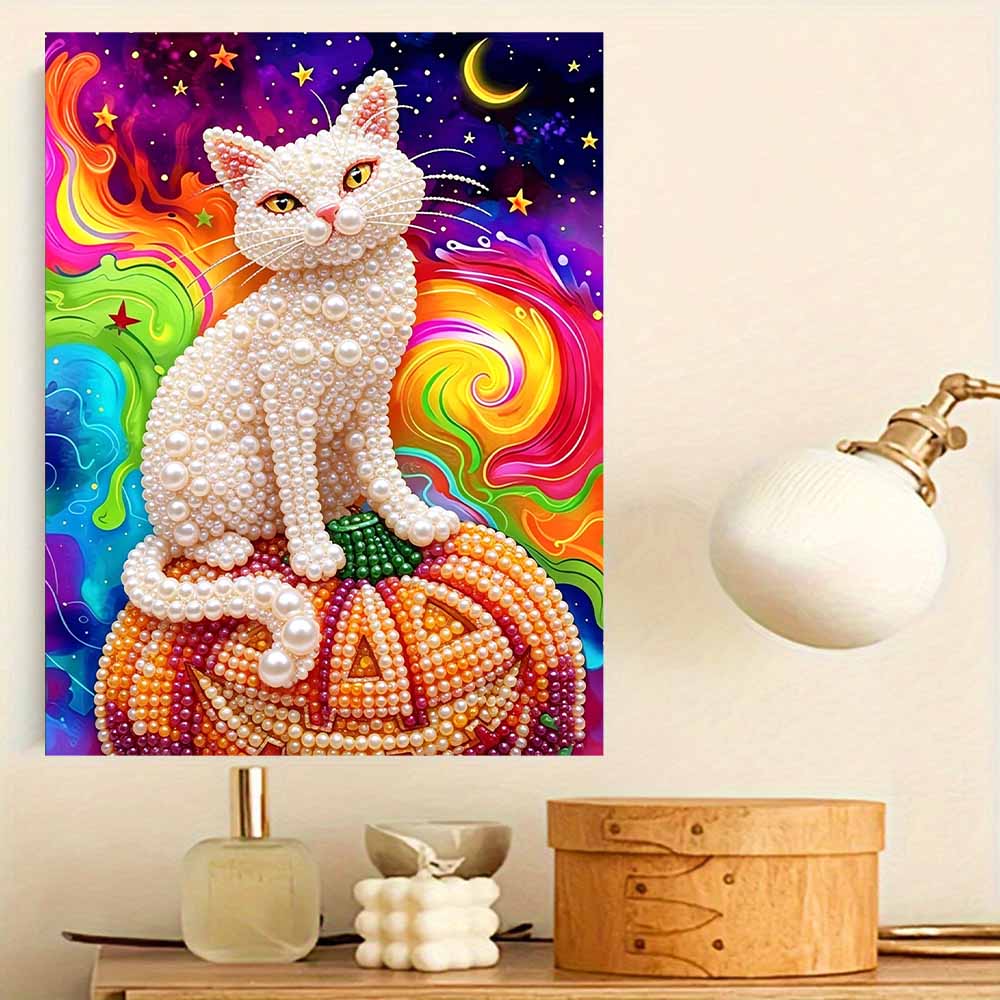 DIY rahmenloses Perlenkunst-Set Bunte Katze auf Kürbis-Design 3D-Perlenmalerei-Leinwand Entspannendes handgemachtes Handwerk für einzigartige Wohndekoration