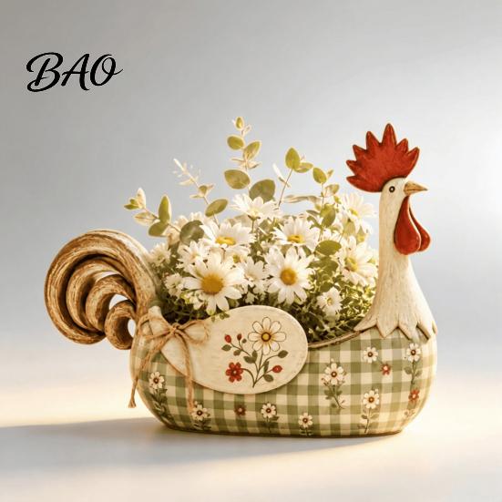 Floral Pattern Kitchen Organizer Vintage Farmhouse Rooster Utensil Holder, Resin Chicken Counter Organizer, Rustic Country Container Cooking