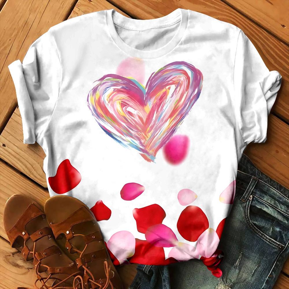 Love Floral Heart Pattern 3D Print T-Shirts Women O-Neck Short Sleeve T Shirt Y2k Harajuku Streetwear Tees Top Female Clothing
