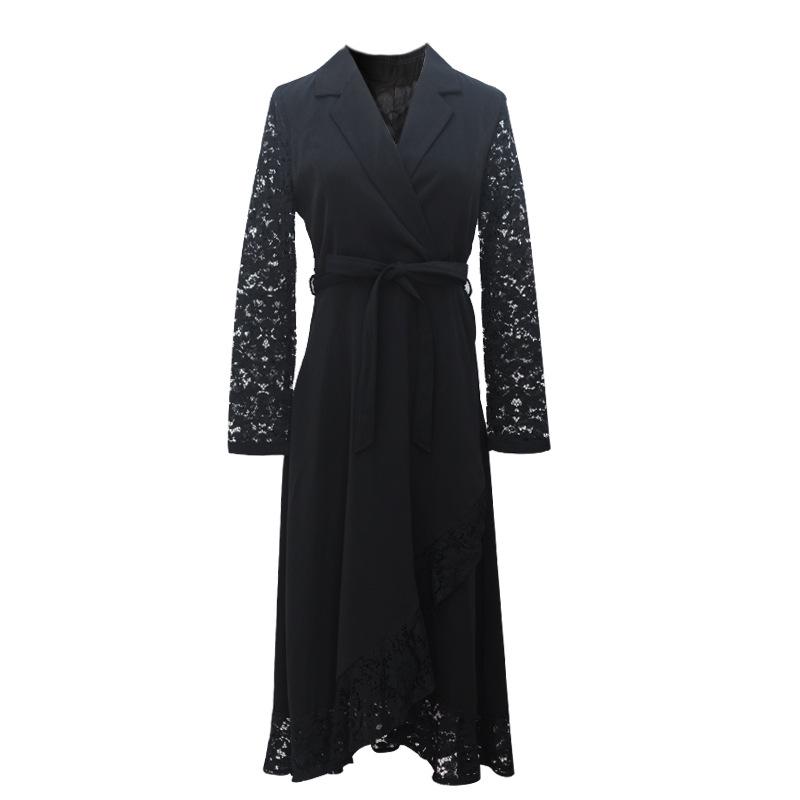 Black Hepburn-Style Patchwork Lace A-Line Dress - Plus Size, Mid-Length, Autumn/Winter Collection