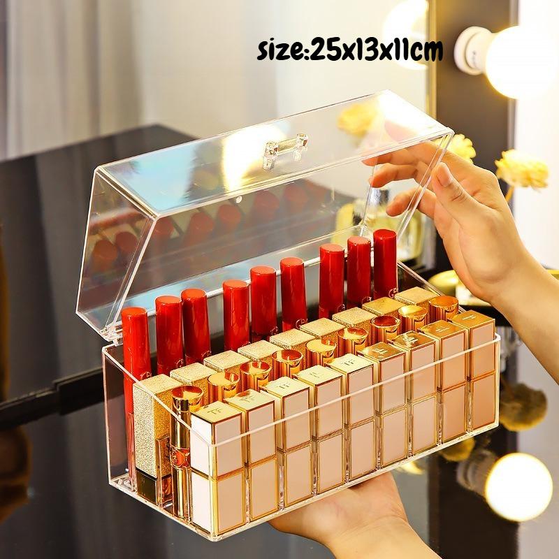 Transparent Cover Cosmetic Lipstick Storage Box Dustproof Desktop Multi-grid Makeup Organizer Plastic Material Lipstick Rack