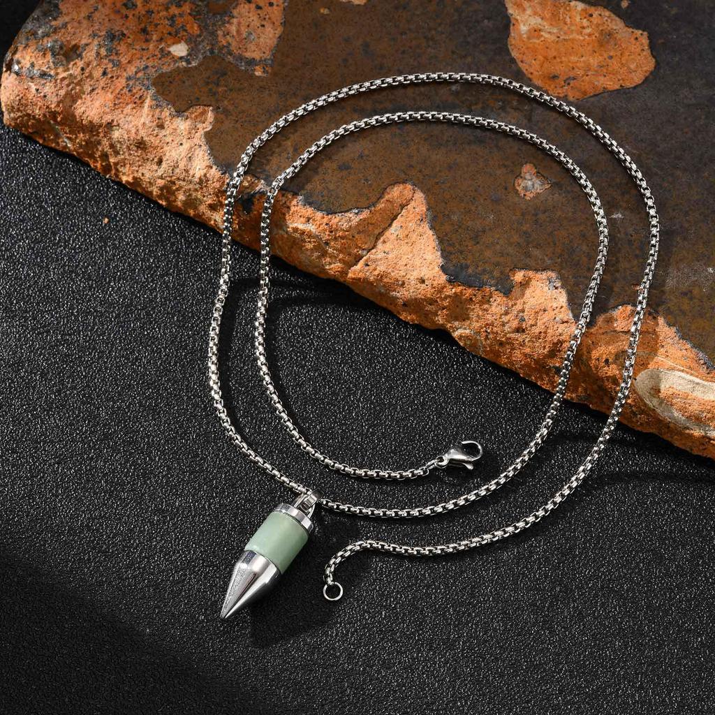 Stainless Steel Gemstone Pendant with Black Agate, Turquoise, Malachite, Aventurine, and Tiger Eye - Round Bullet Design.