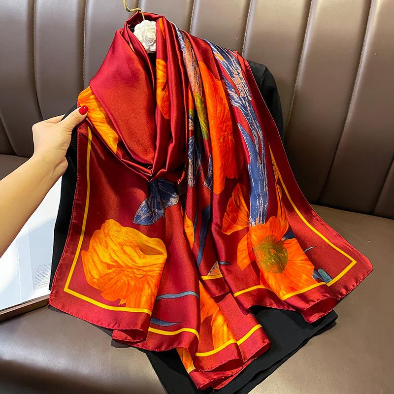 Painting Floral Design 100% Silk Feeling Scarf For Women 180X90Cm Shawl Wraps Luxury Female Hijab Headband Foulard Beach Stoles