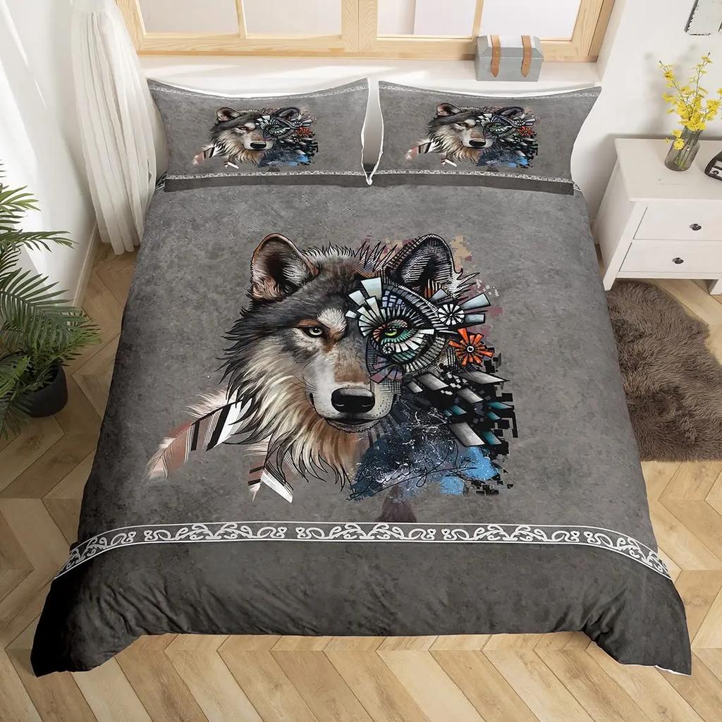 Wolf Dreamcatcher Duvet Cover Set Full Size Indian Dreamcatcher Animal 3D Bedding Set Exotic Style Bohemia Comforter/Quilt Cover