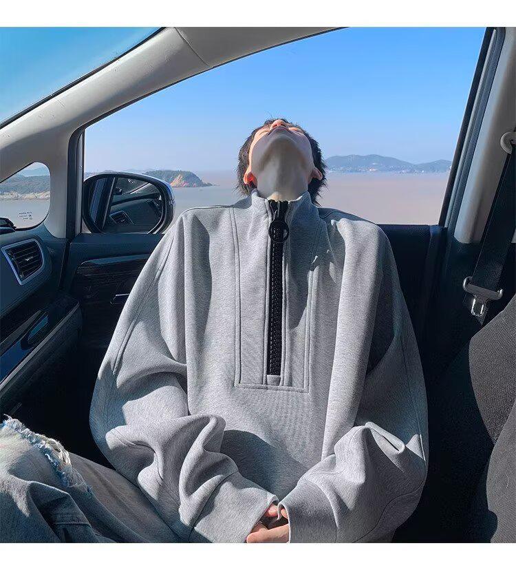 Herren Dekonstruierter Halbreißverschluss Schwerer Hoodie - Herbst/Winter Trend, Lockerer Nischen-Design Freizeitpullover