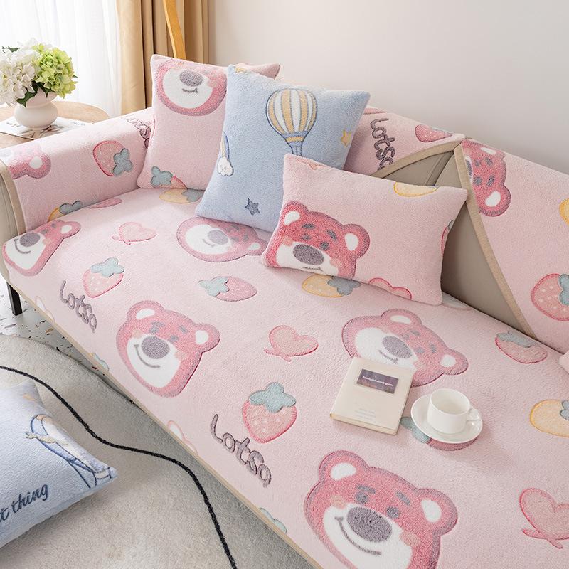 Sofa Cushion Winter Cartoon Non-Slip Cushion Cover Towel Cute Thickening Plush Sofa Cover