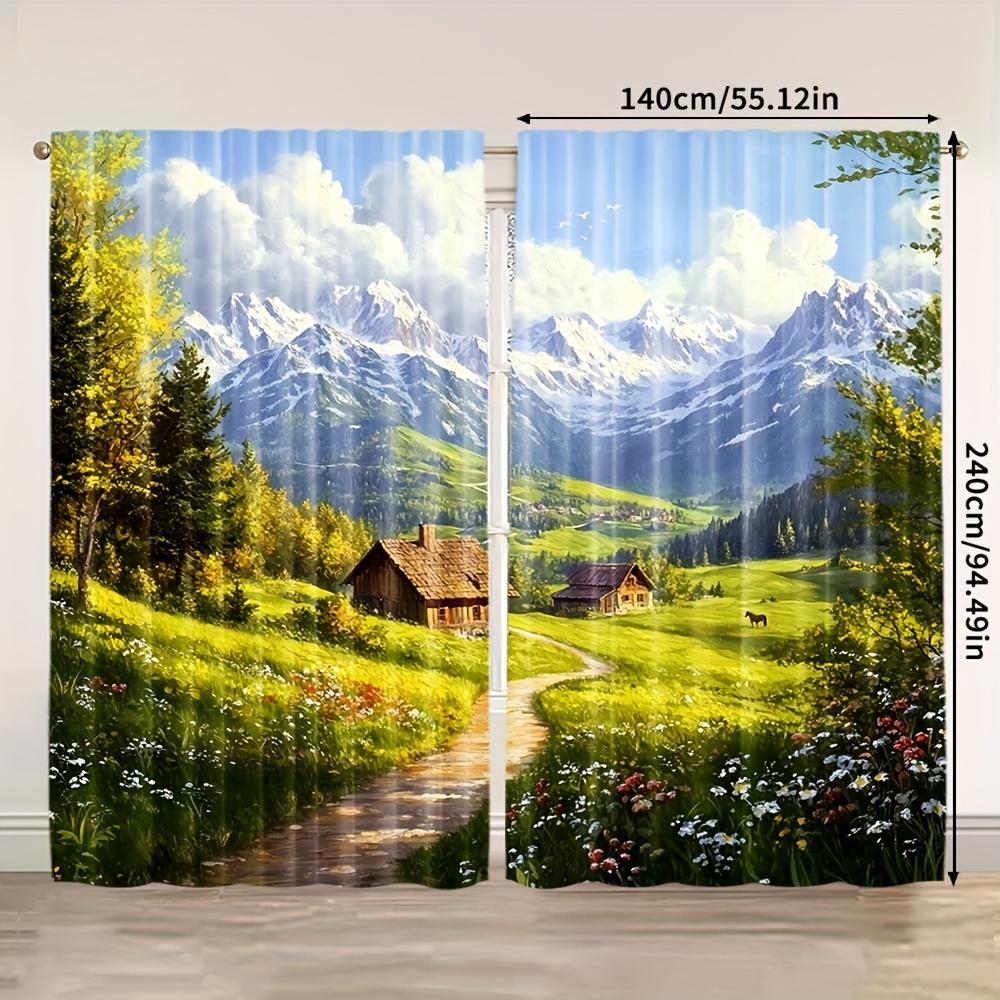 Set Of 2 Alpine Village Landscape Curtains Mountain Cottage Window Drapes Semi Opaque Living Curtain Sheer With Rod Pocket Polyester