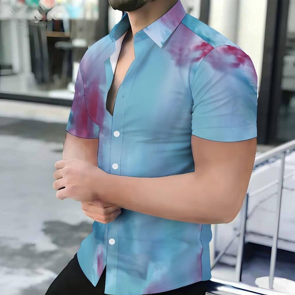 Women Short Sleeve Shirt Blue Pink White Marble Swirl Abstract Print Lapel Button Up Top