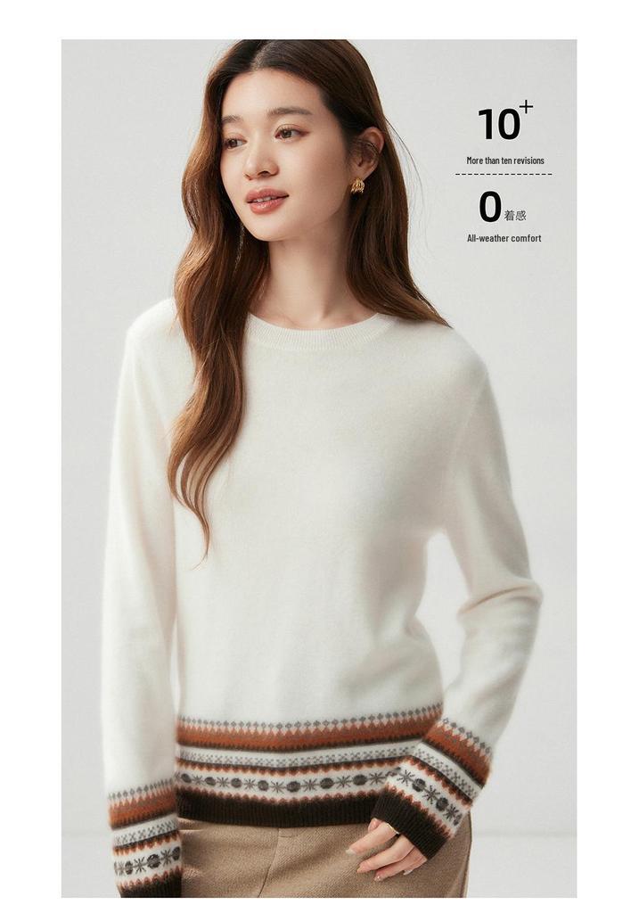 Women's Color Block Fair Isle Cashmere Sweater: Autumn/Winter 2026 Round Neck Versatile Pullover
