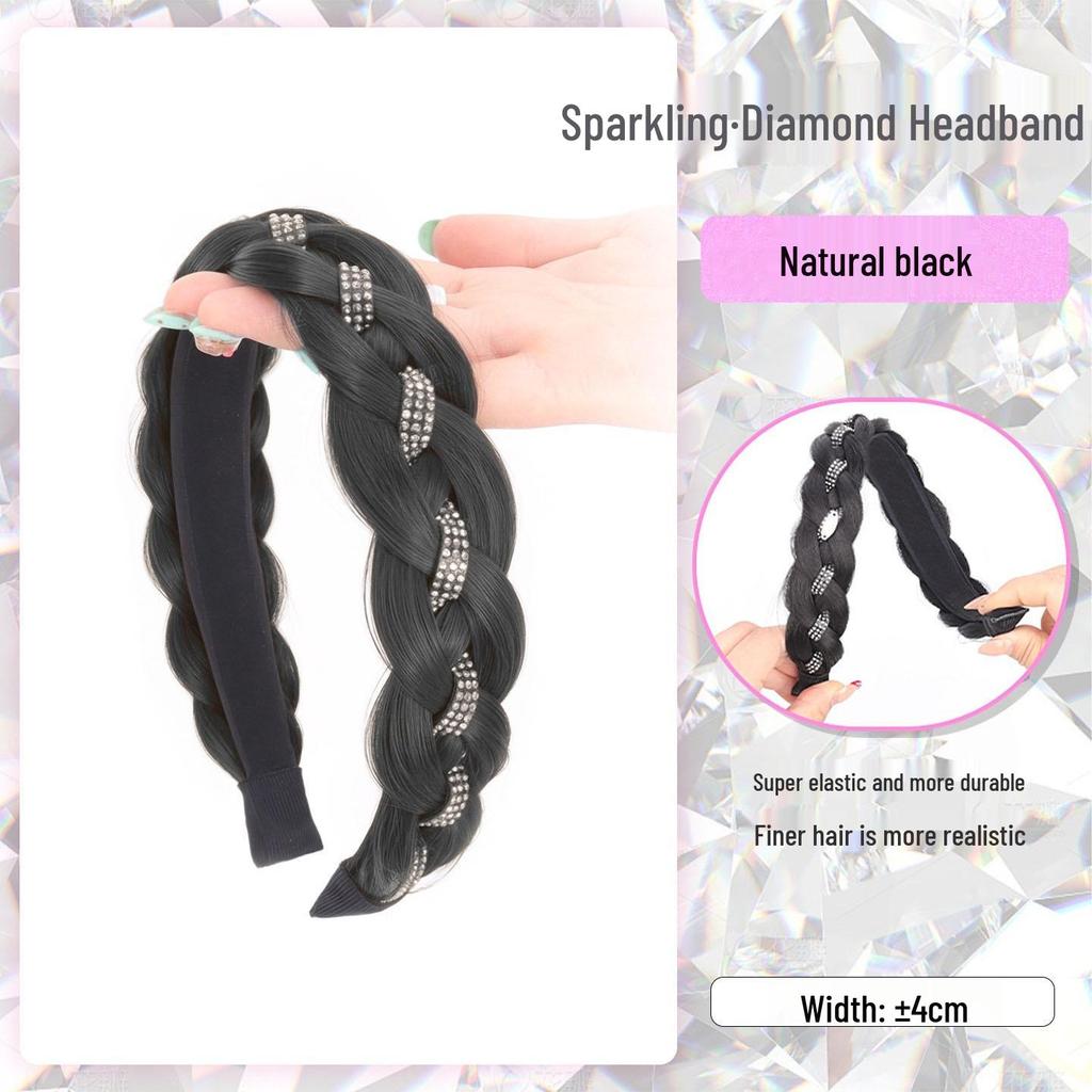 Rhinestone Fishtail Braid Headband Wig for Women's Realistic Hair Volume Increase