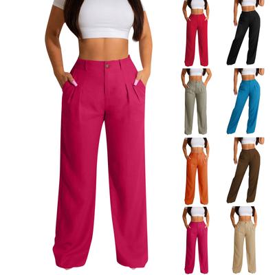Women's Solid Color Wide Leg Pants Long Pants Casual Pants High Waist Pleated Pants Loose Waist With Zipper Buttons Casual Pants