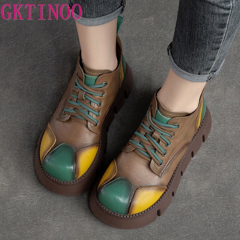 Fashion GKTINOO 2025 Autumn New Thick Sole Mixed Colors Retro Flat Platform Shoes Genuine Leather Versatile Lace Up Pumps Casual Shoes