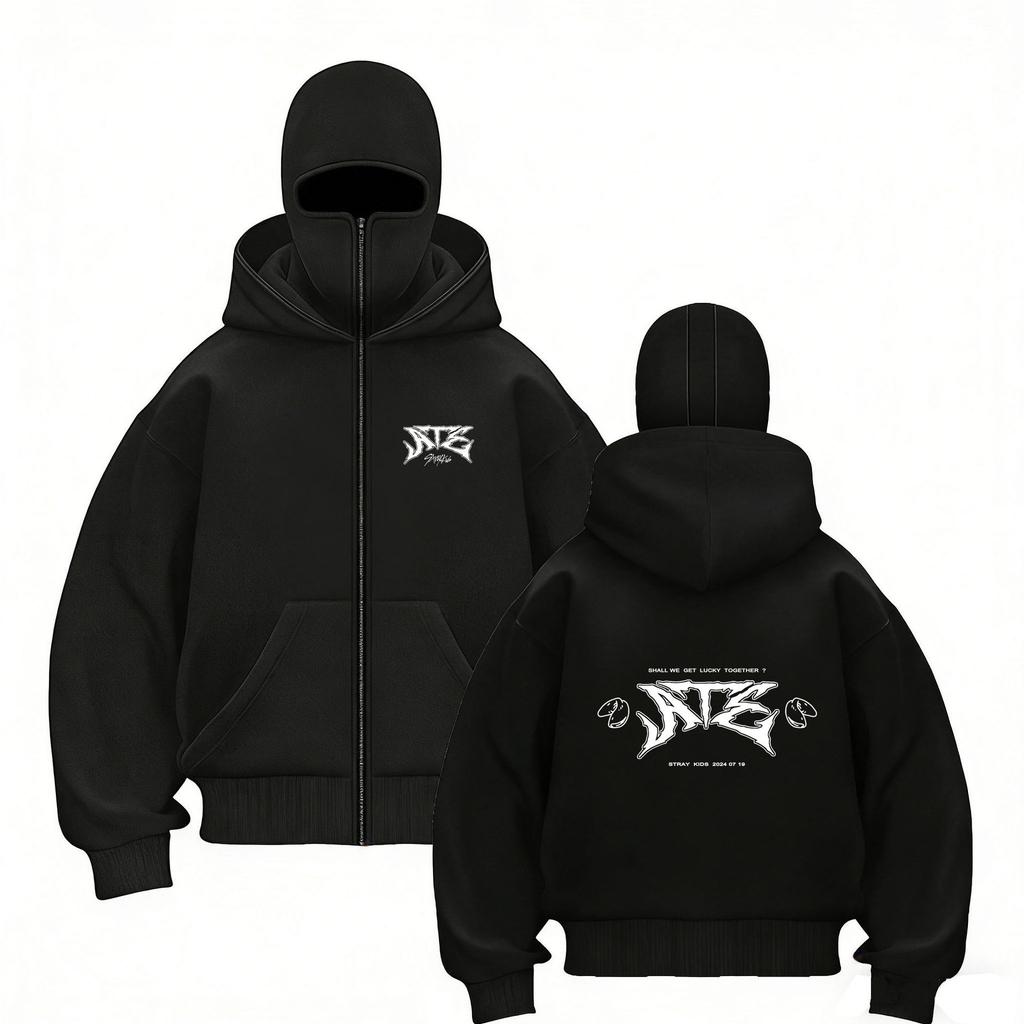 Stray Kids Skz Harajuku Printed Stray Kids Double Hood Zip-Up, Harajuku Print SKZ Hoodie for STAY Two-hat Zip-up Shirt for Men and Women