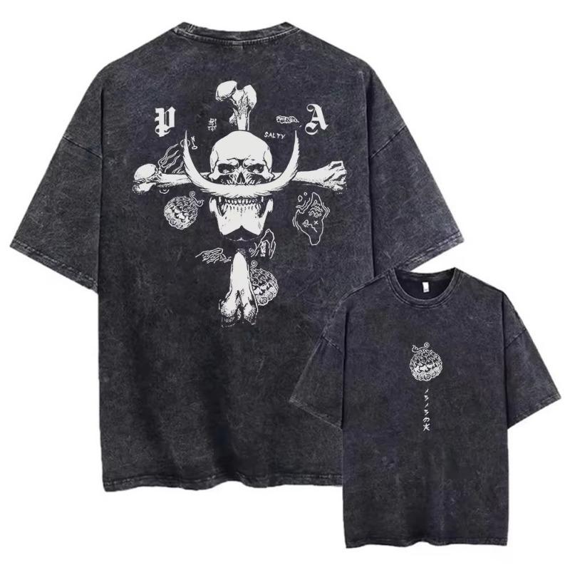 Unisex Oversized Anime Washed T-shirt  One Piece Streetwear Women Short Sleeved Graphic Tee Summer Harajuku Casual Top HipHop S