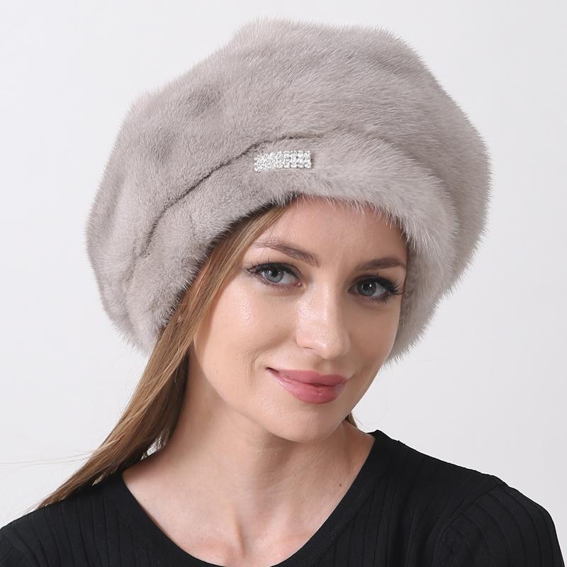 Winter Hat for Women Berets Real Mink Fur Furry Russian Hat