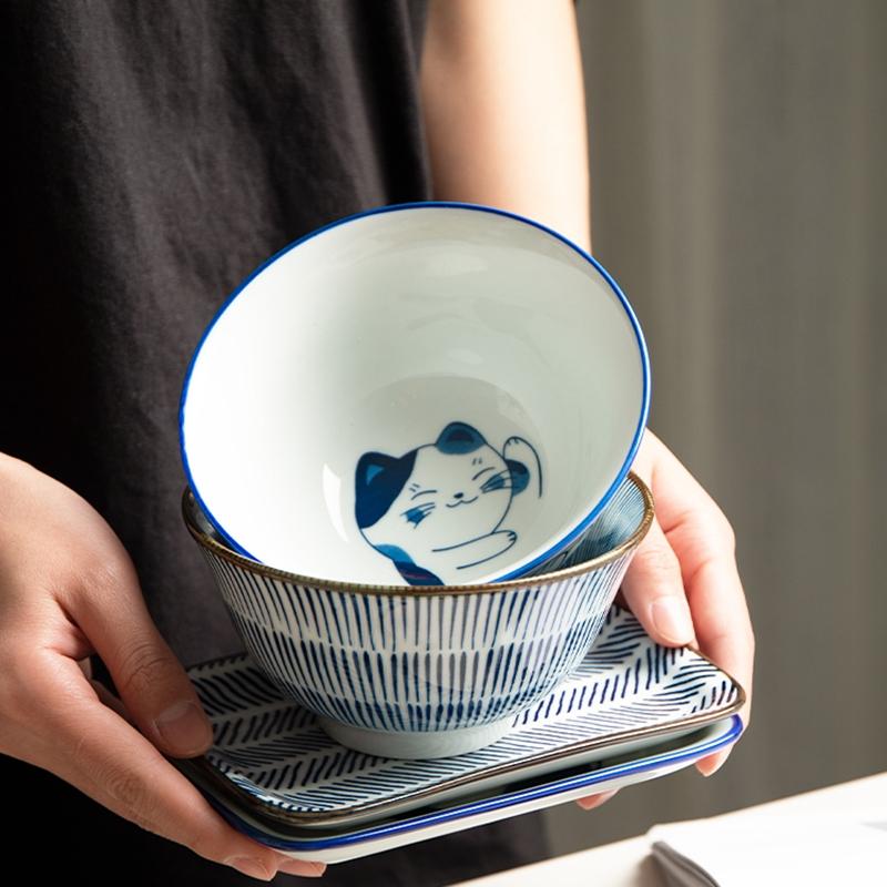 Japanese Cartoon Cat Dinnerware Set Dinner Plate Bowl Chopsticks Saucer Dishes Set For 1 Person