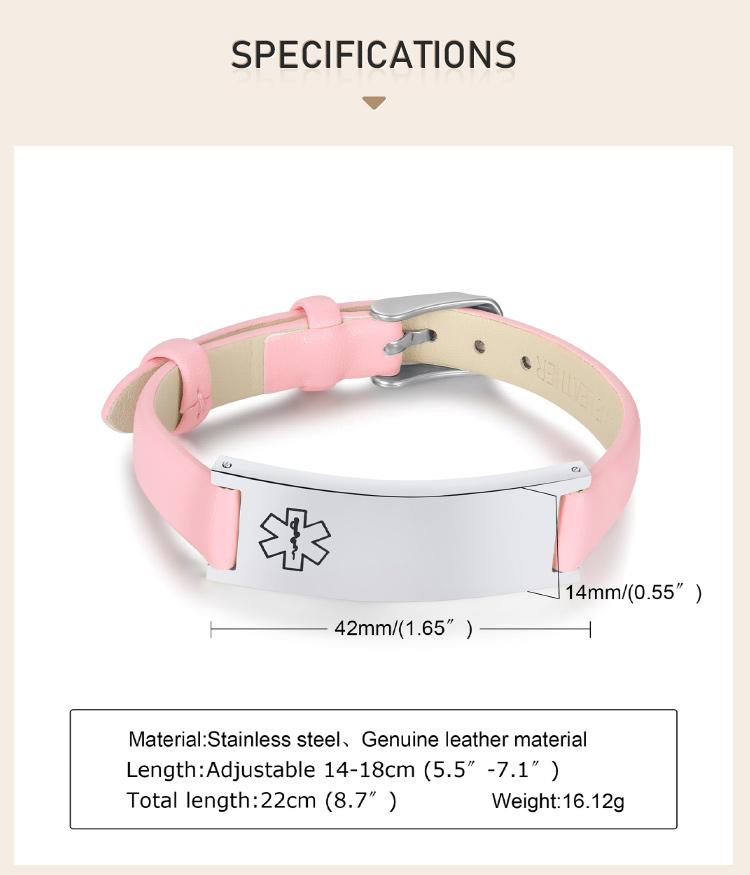 Braccialetto ID di Allerta Medica di Emergenza per Donne, Braccialetti in Vera Pelle con Incisione Gratuita, Gioielli Sportivi Personalizzabili per Diabetici