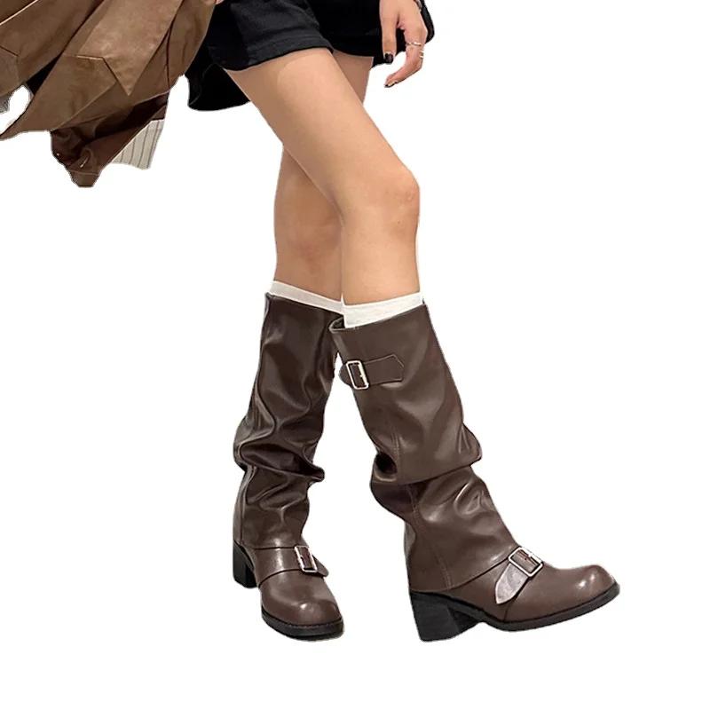 Winter Cowboy Boots For Women Fashion Slip On Long Boots Female Elegant Square Heel Women's Knight Bootties