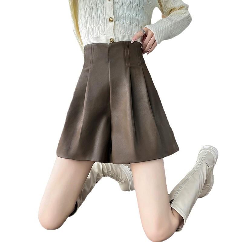Women's Fall Winter High Waisted A-Line Pear Shape Petite Casual Outer Wear PU Leather Shorts Black Mini Shorts Versatile Slim Fit Hot Pants