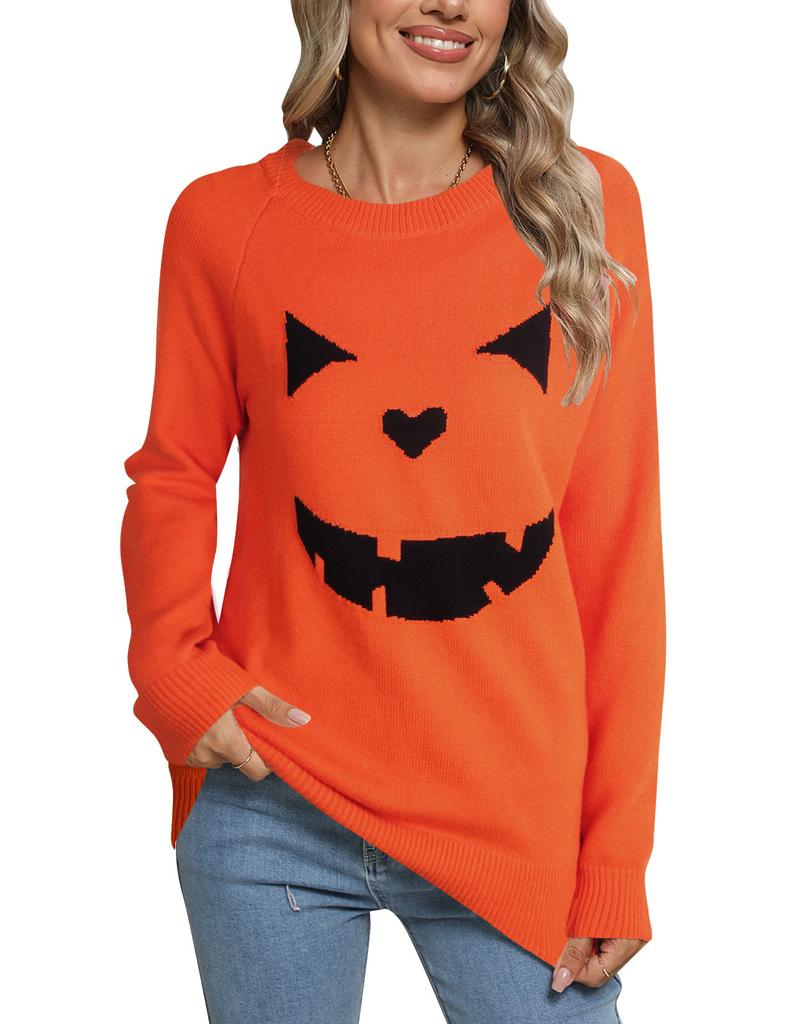 Europe, America, Autumn and Winter New Women's Sweater Casual Smiley Face Long Sleeve Round Neck Pullover Knitted Top Women