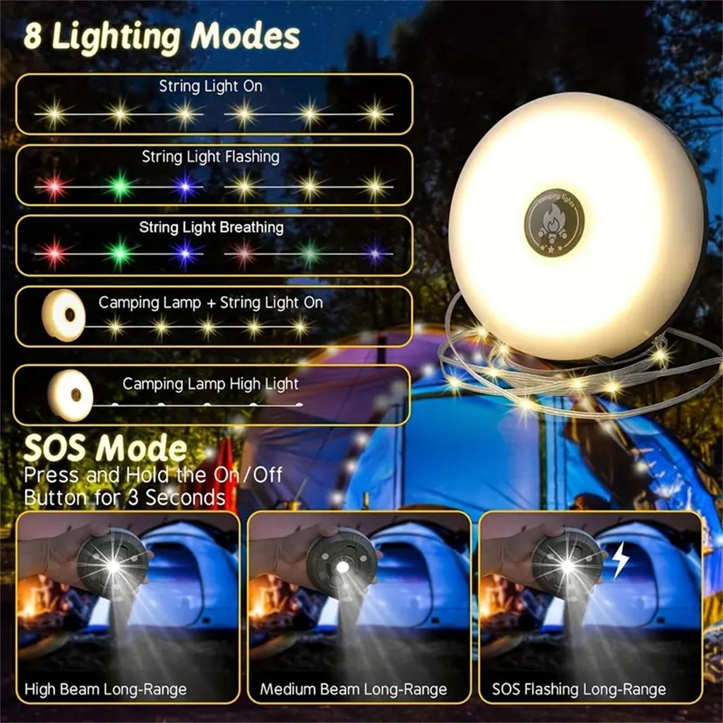 10M Camping String Light 3-in-1 Tent Light Rechargeable RGB&Warm Light 8 Mode Outdoor/Indoor Hanging LED Fairy Light For Camping