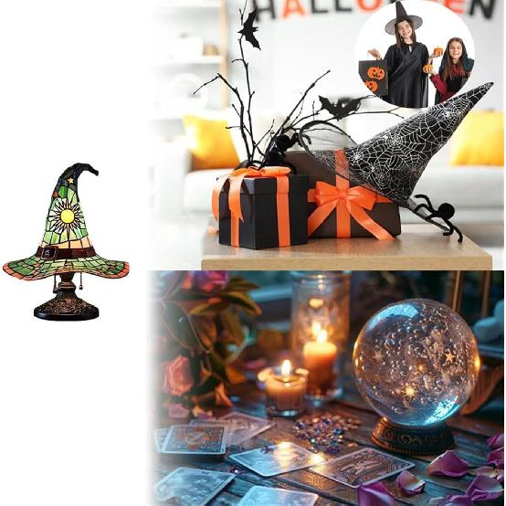 Witch Hat Lamps, Stained Glass Witch Hat Lamp with Mystical Charm, Lamps Stained Glass, Handmade Shape Gothic Lamp for Wiccans and Halloween Lovers,