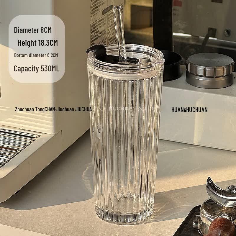 Transparent Glass Coffee Cup with Lid and Straw