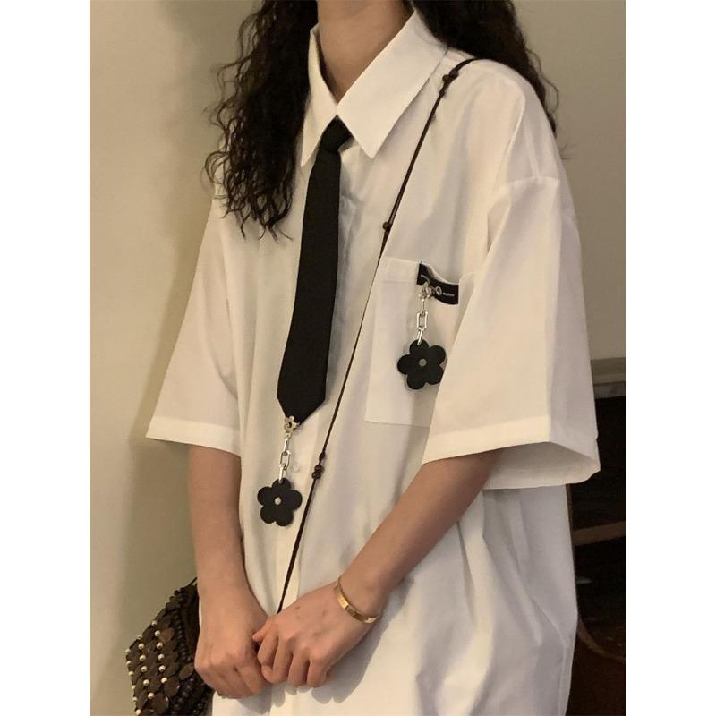 Solid Color Short Sleeved Shirts for Women American Retro College Style Shirt with Tie Summer Lapel Single Breasted Tops