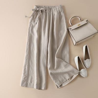 Women's Summer High Waist Wide Leg Pants Elastic Side Tie Casual Cropped Trousers