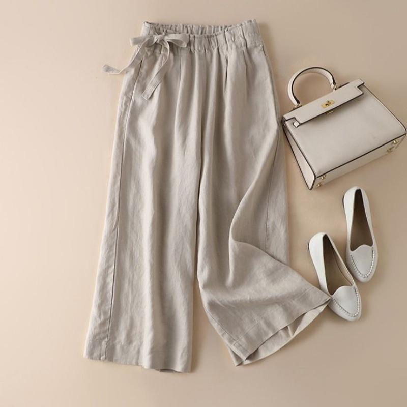 Women's Summer High Waist Wide Leg Pants Elastic Side Tie Casual Cropped Trousers