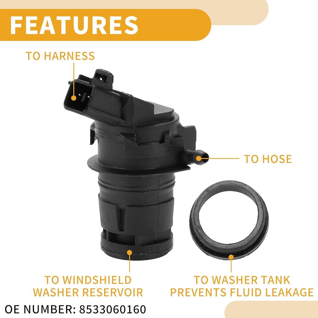 Windshield Washer Pump No.8533060160 - Car Front Windshield Washer Fluid Pump - for Toyota Tundra 2007-2016 Plastic Black with Grommet - 1 Pcs
