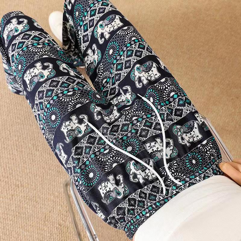 Women's Summer Bohemian Elephant Print Ice Silk Wide-Leg Yoga Pants