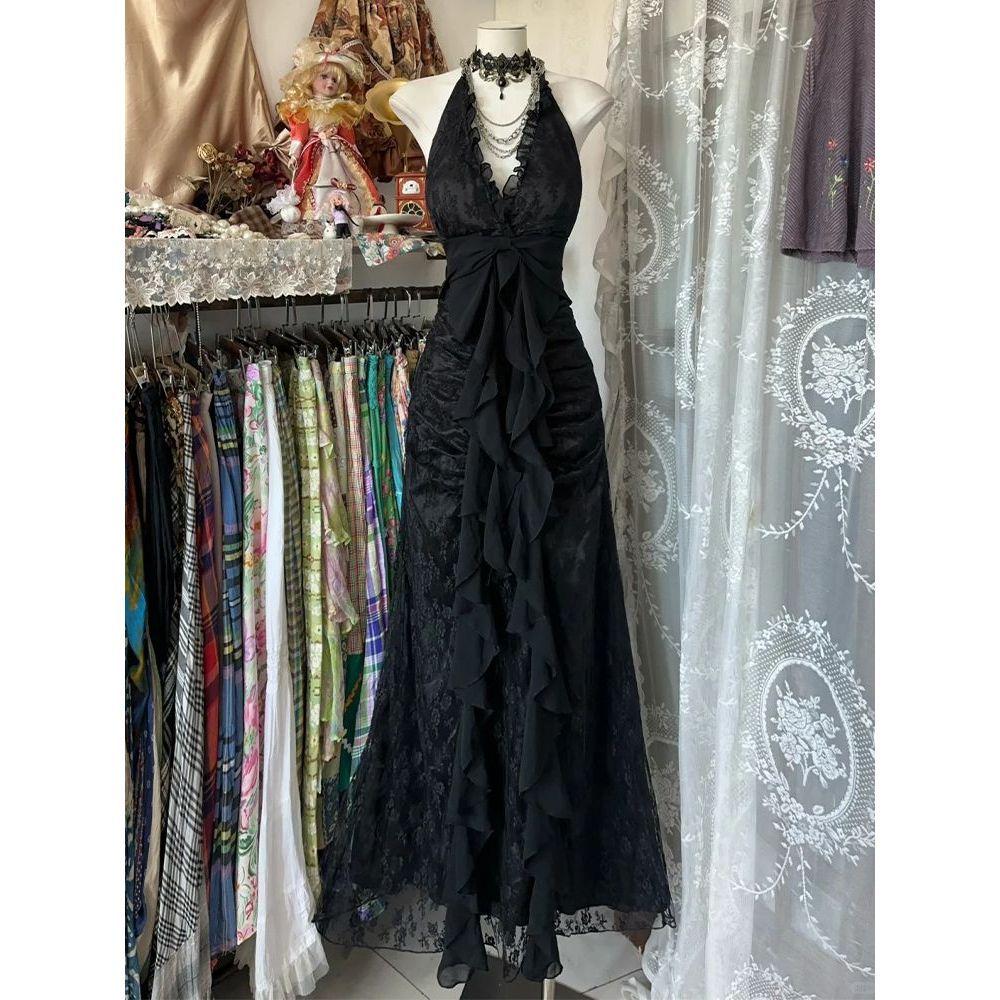 France Vintage Slim Slash Neck Sleeveless Dress Women Gothic Y2k V-neck Black Summer Dresses High Street Skinny Clothing