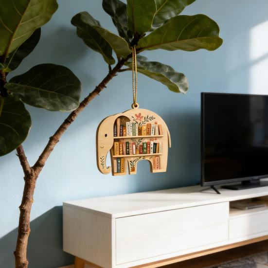 Wooden Bookshelf Ornament Animal Shaped Bookshelf Christmas Ornament Owl/Highland Cow/Elephant Figurine Bookish Gifts for Book Lovers Readers