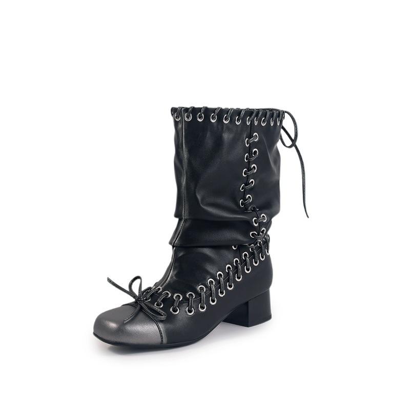 

2025 bow straps woven western boots foreign style great good-looking punk wasteland wind wide tube pile small short boots women 35