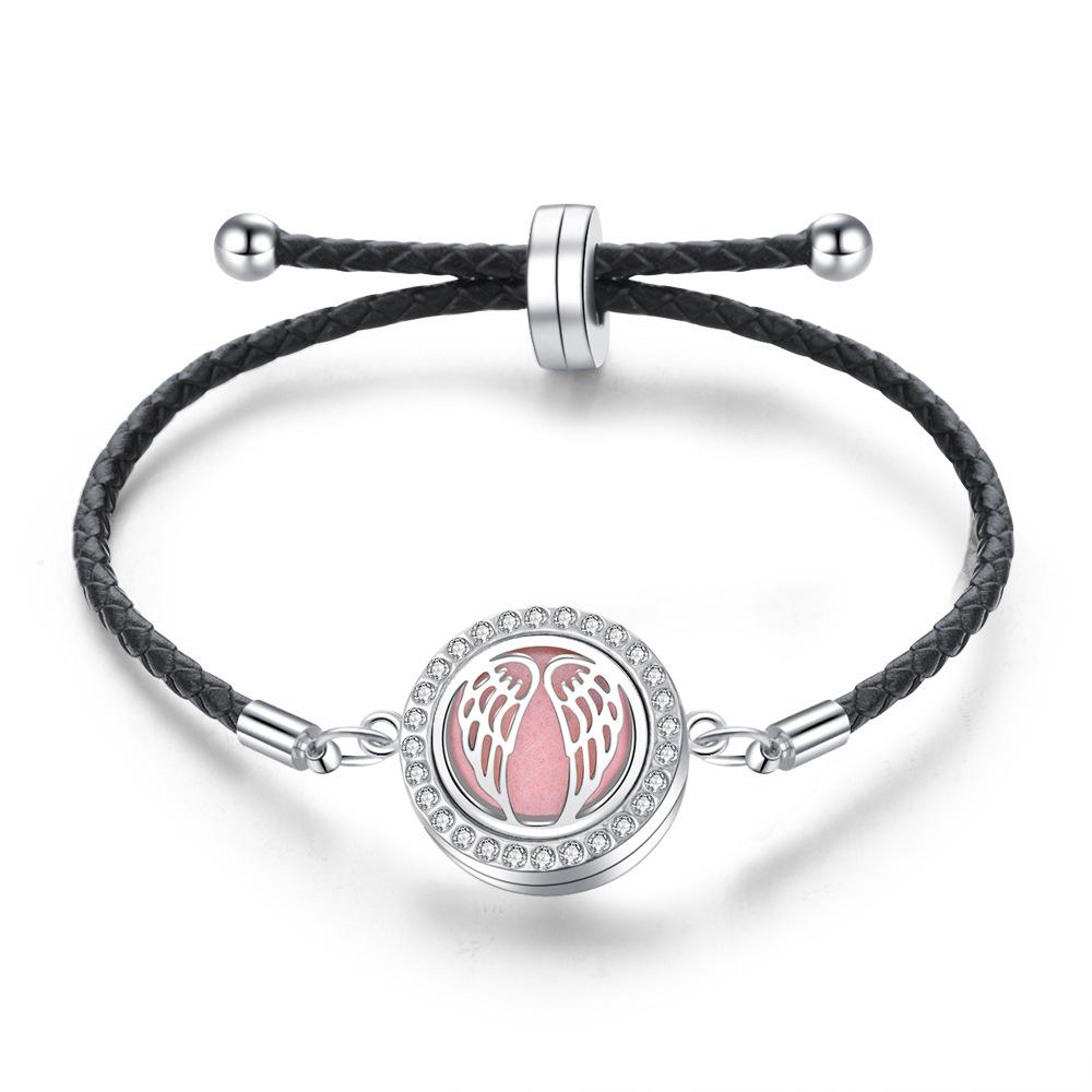 Stainless Steel Tree of Life Aromatherapy Bracelet with Diamonds and Leather Band