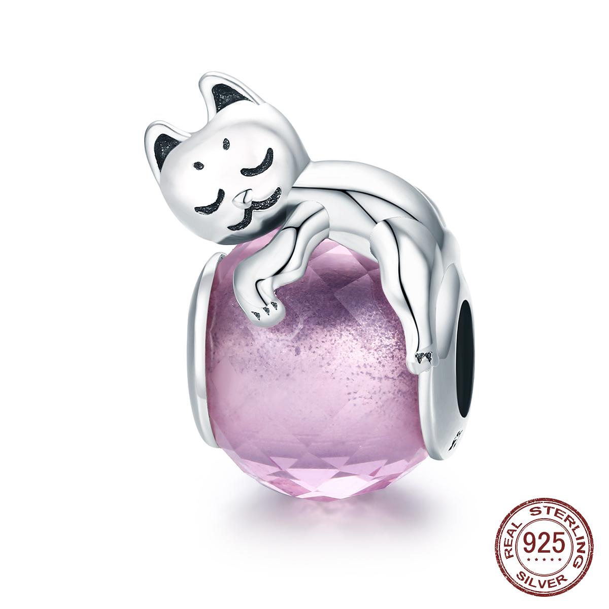 

925 стерлингового серебра Симпатичный кот Киска Большой Камень Шарм Бусины подходят для женщин Браслет DIY Бусины Ювелирные изделия