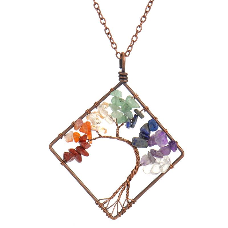 Handmade Vintage Tree of Life Necklace with Wire-Wrapped Natural Crushed Stone Crystal