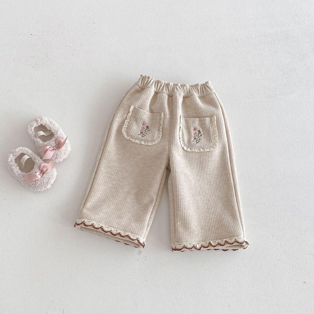 Pantaloni in Pizzo Stile Coreano con Ricami e Fodera in Velluto per Ragazze - Eleganti Gamba Dritta - Inverno 2025