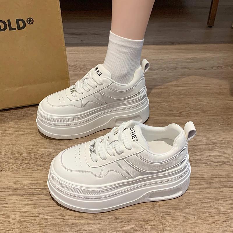 7CM PU Leather Women Black White Chunky Sneakers Ins Women Autumn White Hidden High Heels Platform Wedge Shoes Sneaker