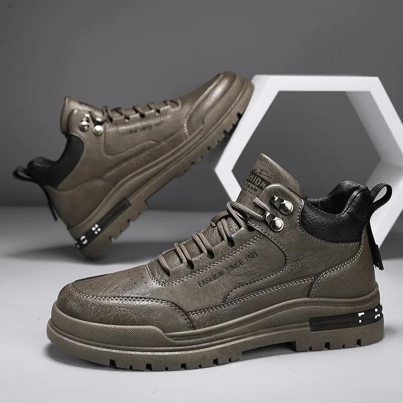 Fashion Men's Biker Boots Casual Mid Top British Tooling Shoe Keep Warm Trendy All-match Popular Motorcycle Lace-up Water Proof Boot Hot