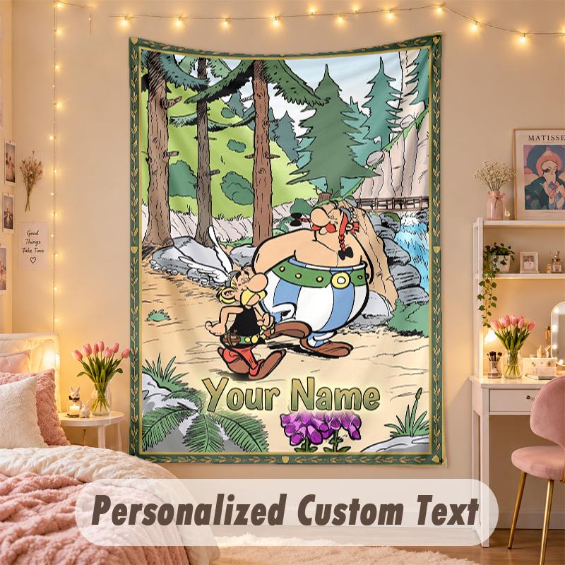 Maßgeschneidigte personalisierte Wandteppich, Asterix & Obelix Druck Benutzerdefinierter Text Name Wandkunst zum Aufhängen für Schlafzimmer