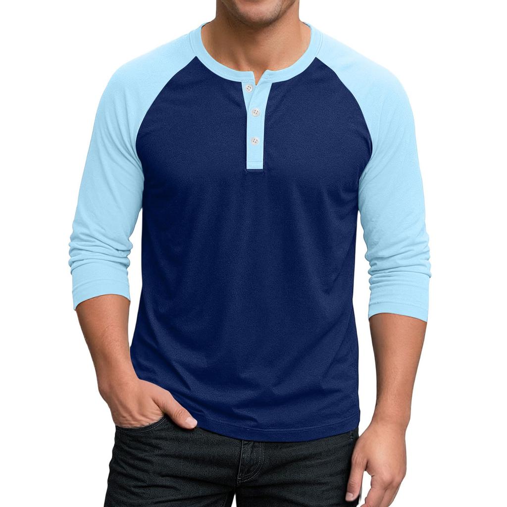 Men's Button-Down Contrast Raglan 3/4 Sleeve Top