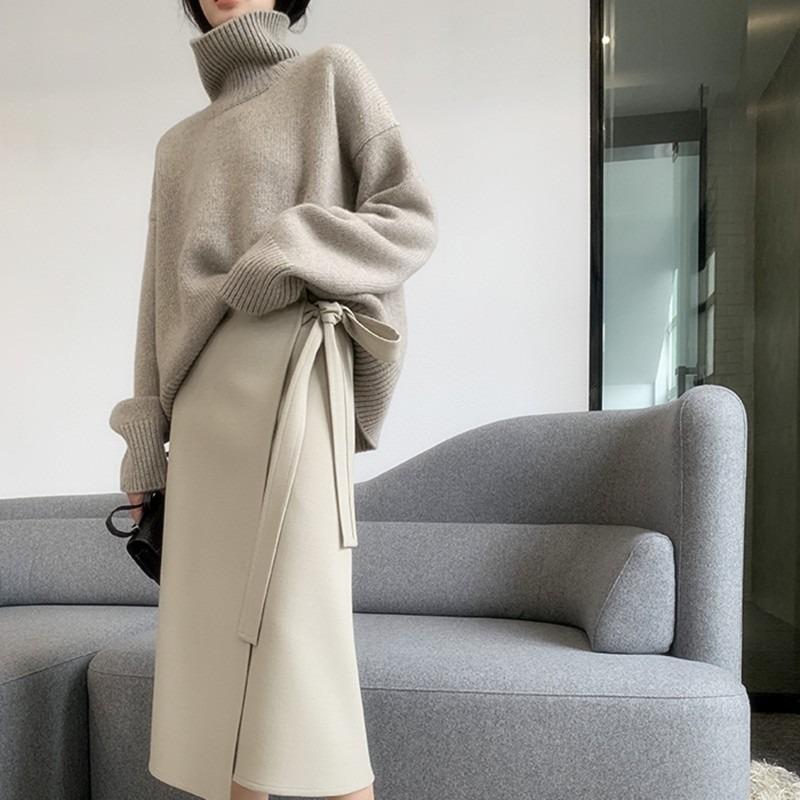 Women S Autumn Winter High Neck Pullover Sweater Loose Fit Casual Lazy Style Solid Color Knit Top