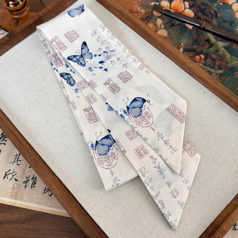 New Chinese Style Ribbon Headband Bow Hair Ring Hair Rope Butterfly Printing Silk Scarf Woman Tied Hair Turban Fashion Headdress