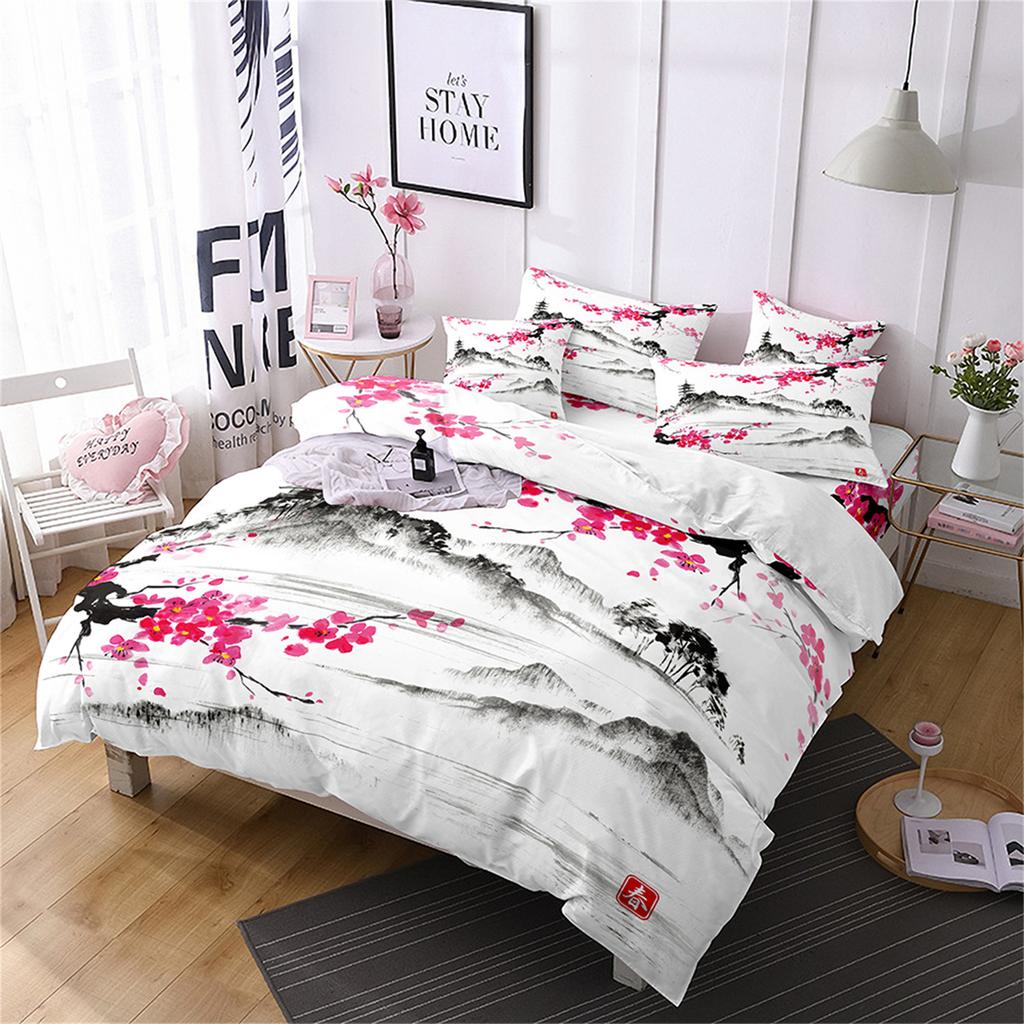 3D Printing Ink Painting Landscape Bedding Quilt Set Three-Piece Custom