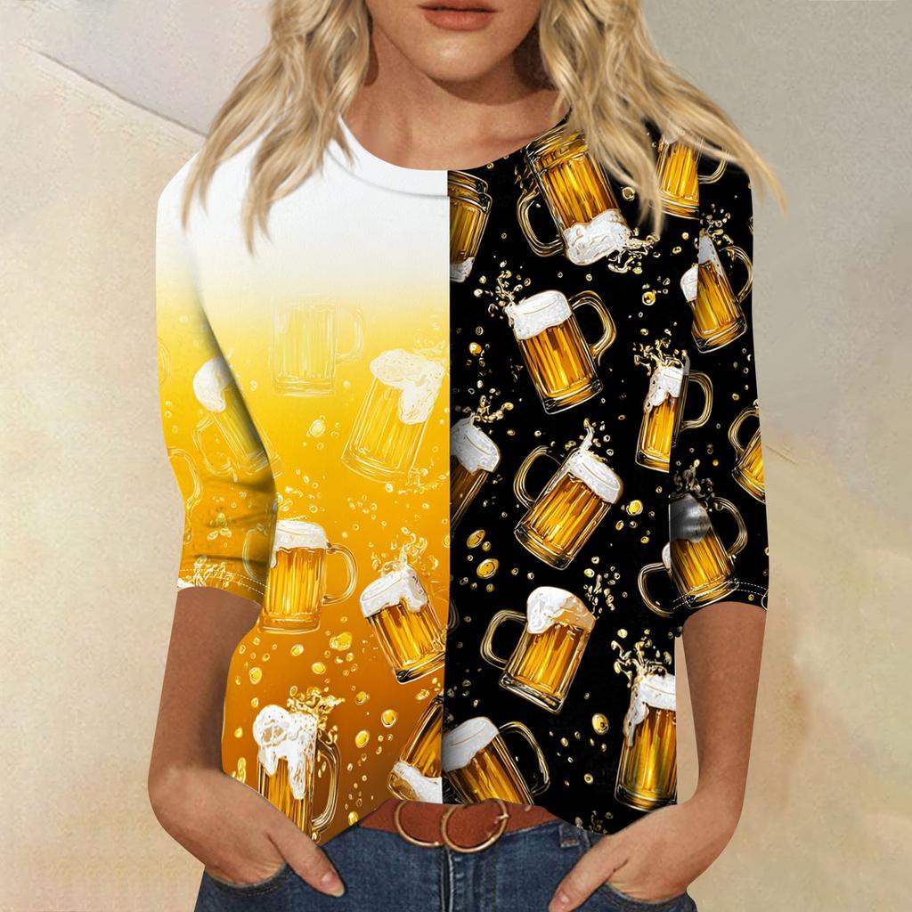 Damskjorta, avslappnad, rundhalsad, trekvartsärm, lös passform, tryckt T-shirt-topp med festivaltema för dagligt bruk